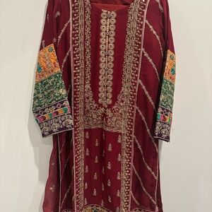 & Other Stories Burgundy and Multicolor Embroidered Long Sleeve Dress